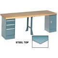 Global Equipment 144x30 Production Workbench Steel Square Edge, Cabinet, 3 Drawer, 1 Leg GY 300728